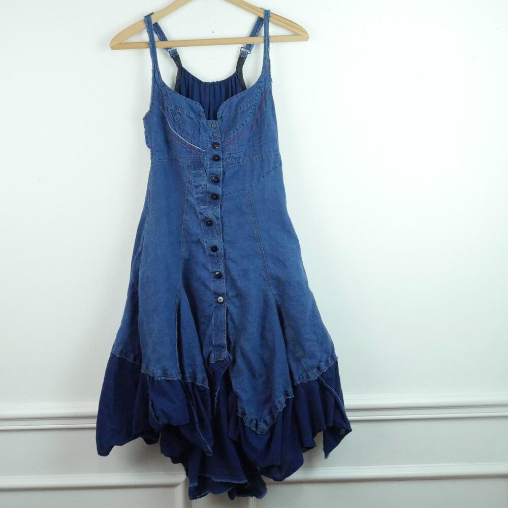 Y2K Linen Dress Luxury IT 40 US XS Fairy Asymmetric Bandana Hem Steampunk Rimini